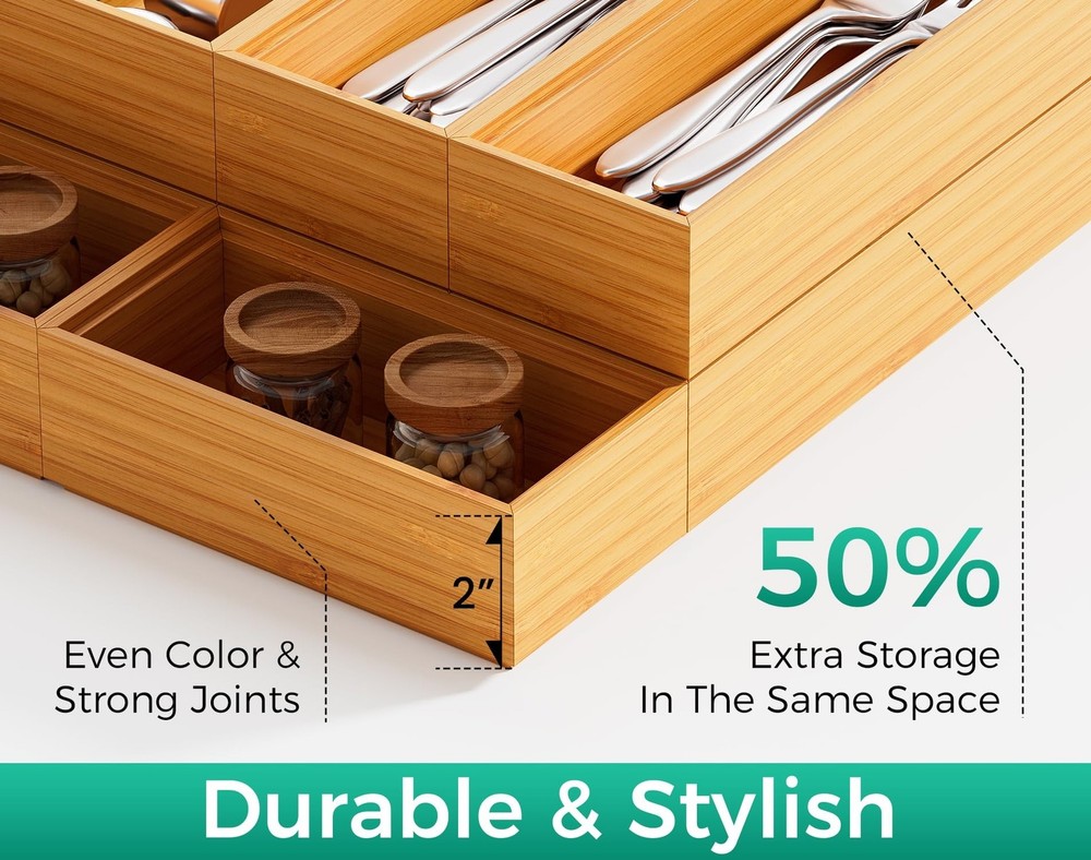 Long Bamboo Kitchen Drawer Organizer Boxes – 17" x 6" Stackable Wood Silve