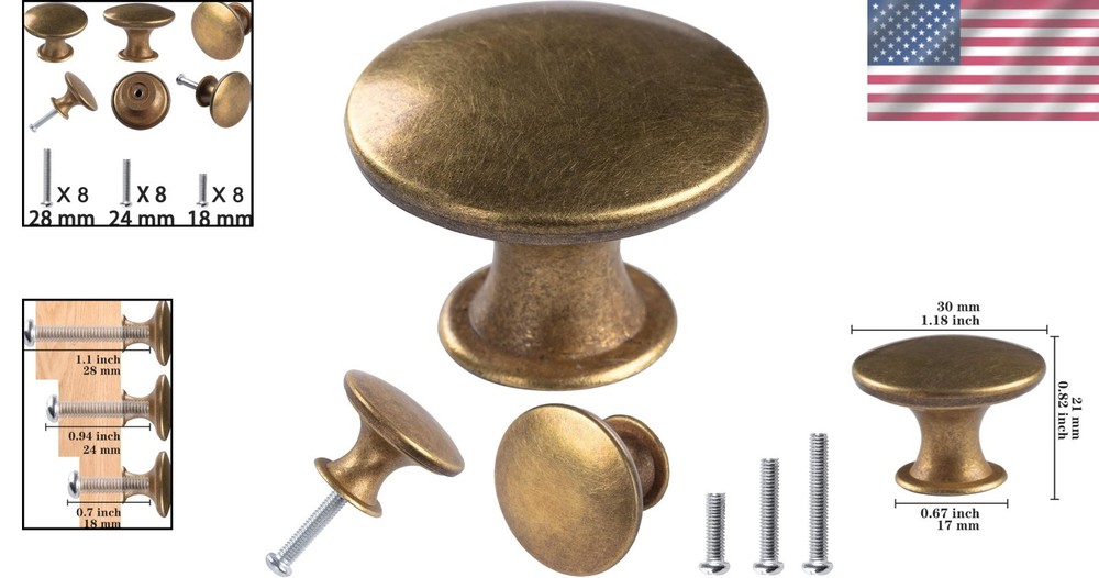 8 Pack Antique Brass Drawer Knobs Vintage Round Cabinet Pulls 1.18 Inch
