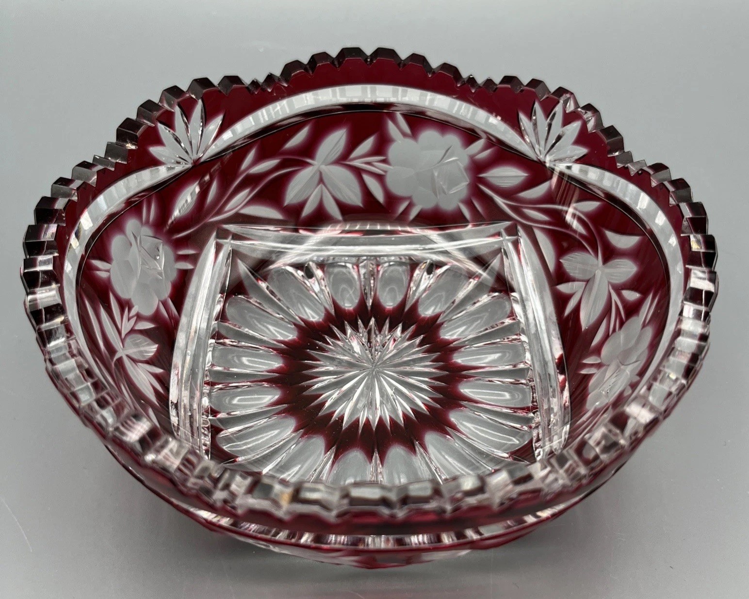 Vintage Ruby Red Cut to Clear Crystal Bowl Sawtooth Rim Etched Roses Starburst