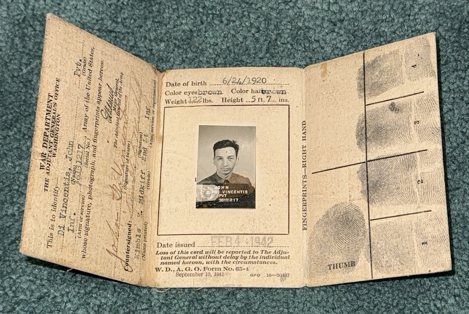 Original WWII US Army 34th Infantry Division 1942 ID Card