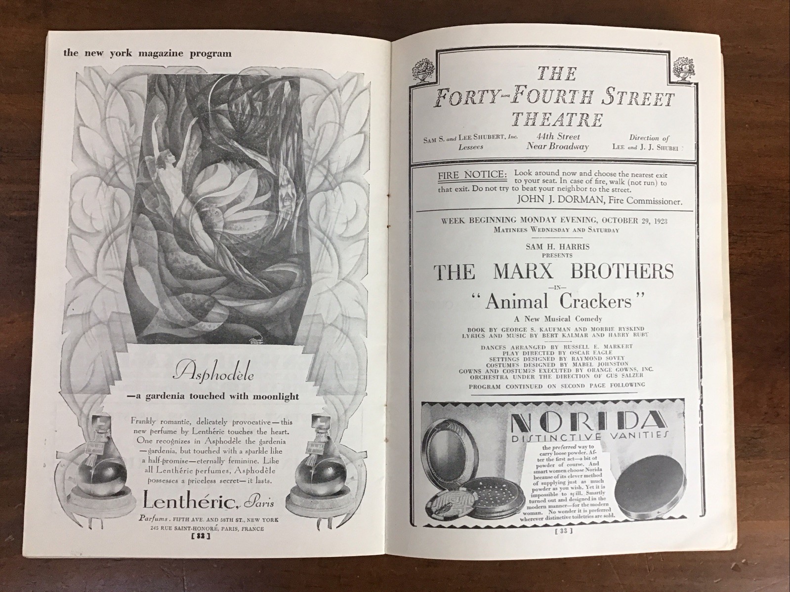 1928 Marx Brothers ANIMAL CRACKERS 44th Street Theatre NYC Playbill Shuberts VTG