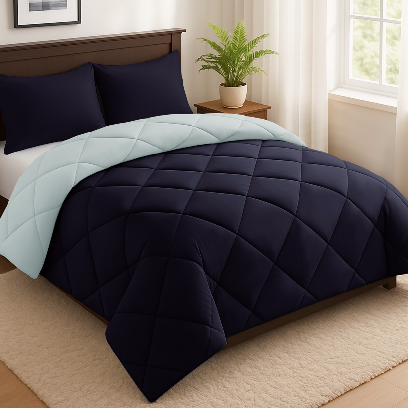 3PC Reversible Comforter Set Quilted Down Alternative All Season Comforter