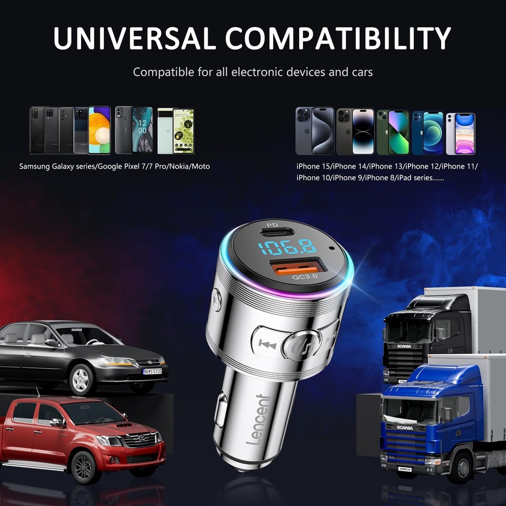 LENCENT Bluetooth Car Adapter, Full Metal Bluetooth 5.3 FM Transmitter with H...