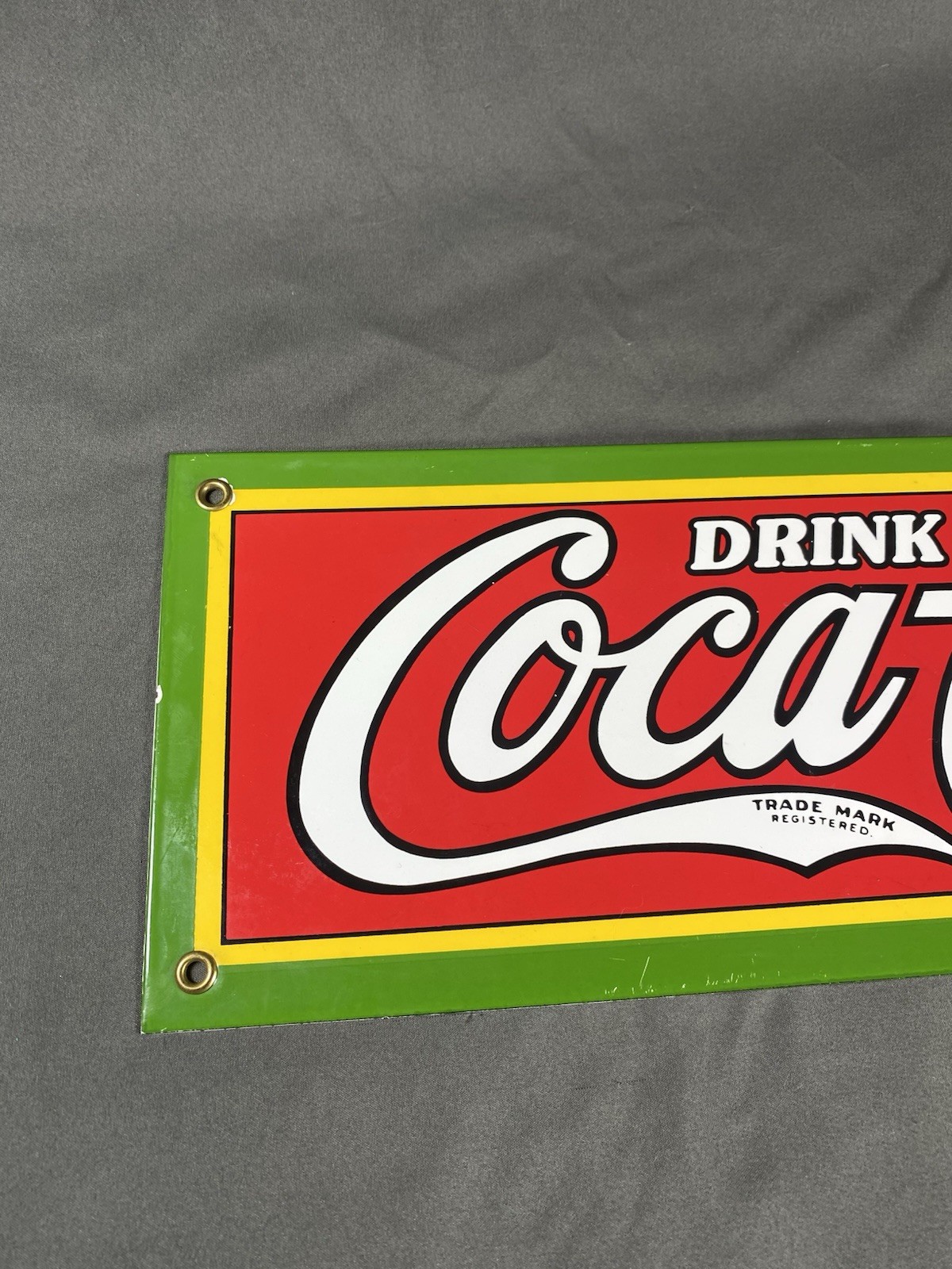 Drink Coca Cola Trade Mark Porcelain Sign 18x6”