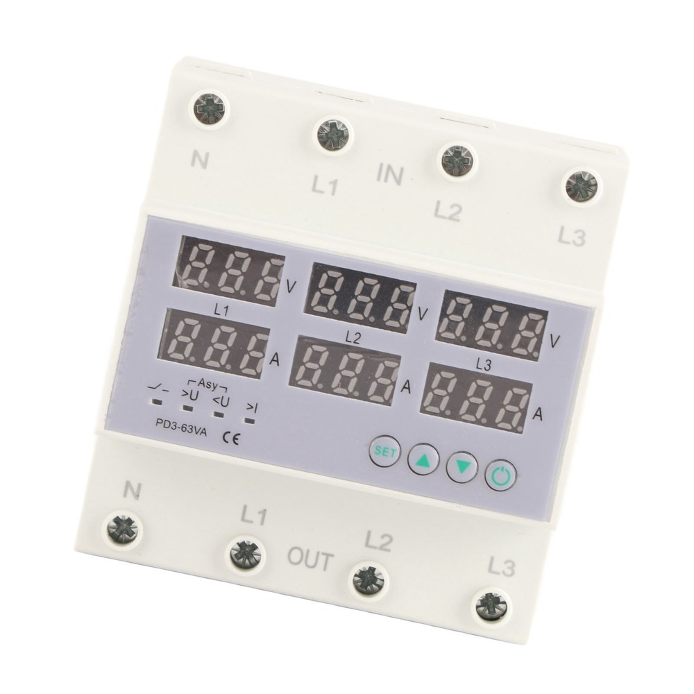 63A 3Phase DIN Rail Voltmeter Ammeter Auto-Overvoltage Overcurrent Protector AC