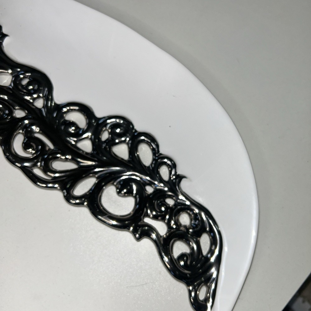 222 Fifth Heritage Leaf-Shaped Serving Platter – White with Metallic Scrollwork