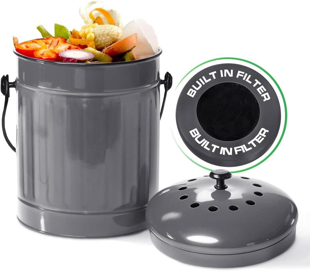 Countertop Compost Bin Kitchen W/ Lid Red 1.5 Gallon Odorless Compost Container