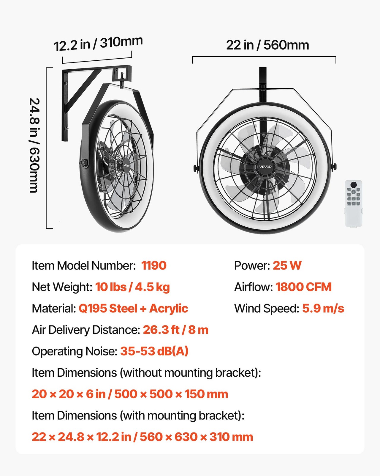 VEVOR 22 Inch Wall Mounted Fan with Light Remote 6 Speed for Patio Workshop