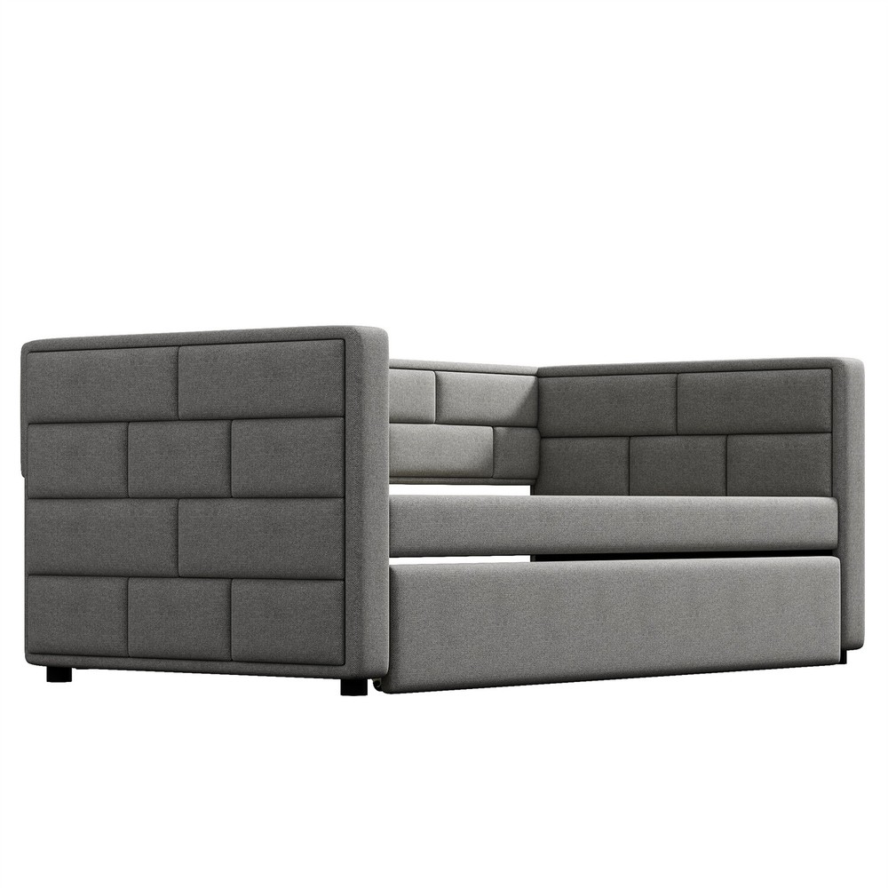 Twin Size Daybed w/ Pull Out Trundle Bed Upholstered Bed Frame Sofa Bed Gray US
