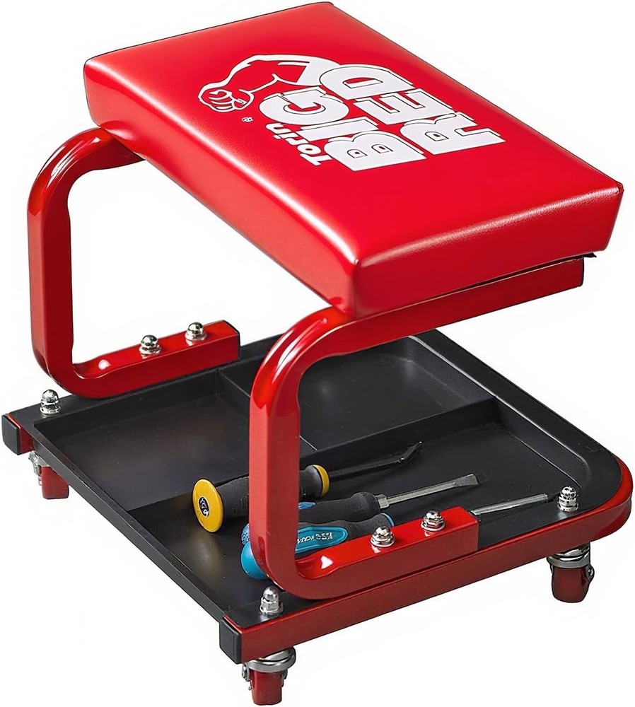 Red Rolling Creeper Seat - Heavy-Duty Mechanic Stool with Efficient Tool Storage