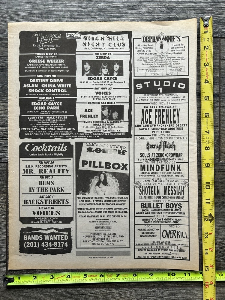 KISS Concert Ad Advert ACE FREHLEY 1993 Studio 1 & Birch Hill NJ Vintage Kiss B