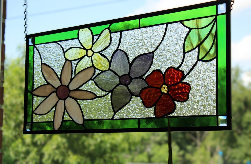 Flower Stained Glass Panel Window Hanging panel 24 1/2"x10 1/2"