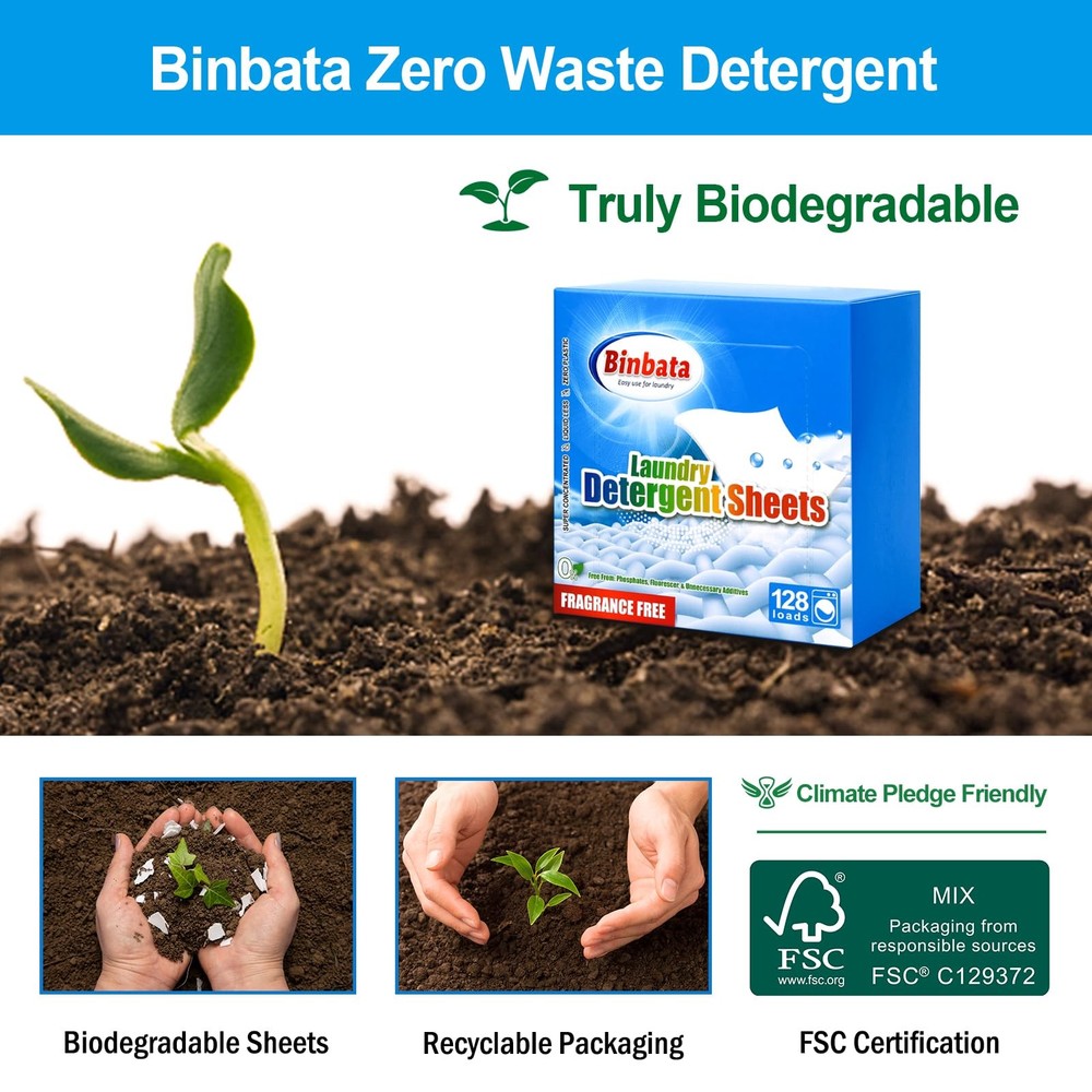 Binbata Laundry Detergent Sheets, Up To 128 Loads Hypoallergenic Eco-Friendly...