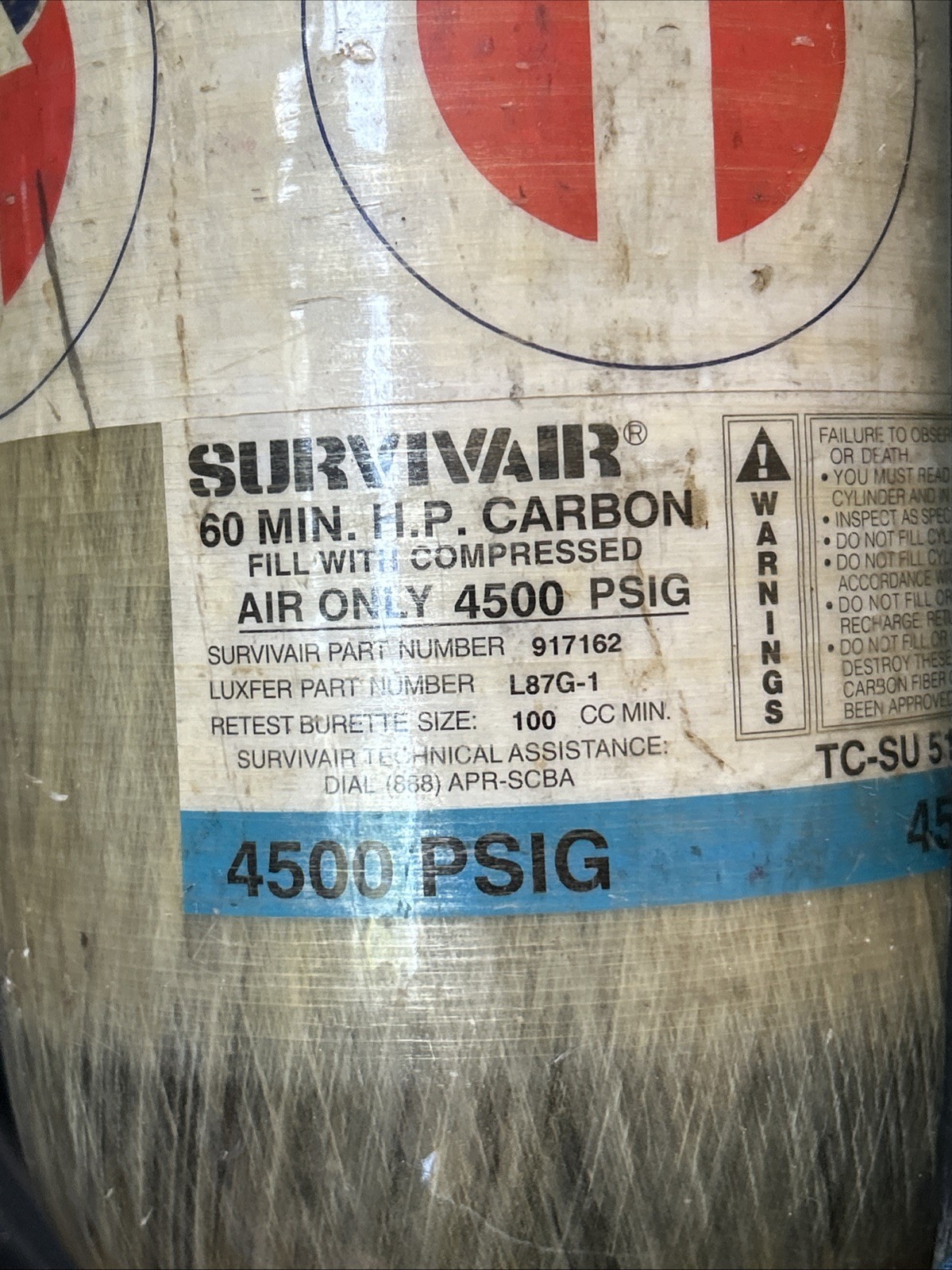 Survivair compressed air tank (EMPTY) 4500PSIG 60Min 917162 L87G-1 USED