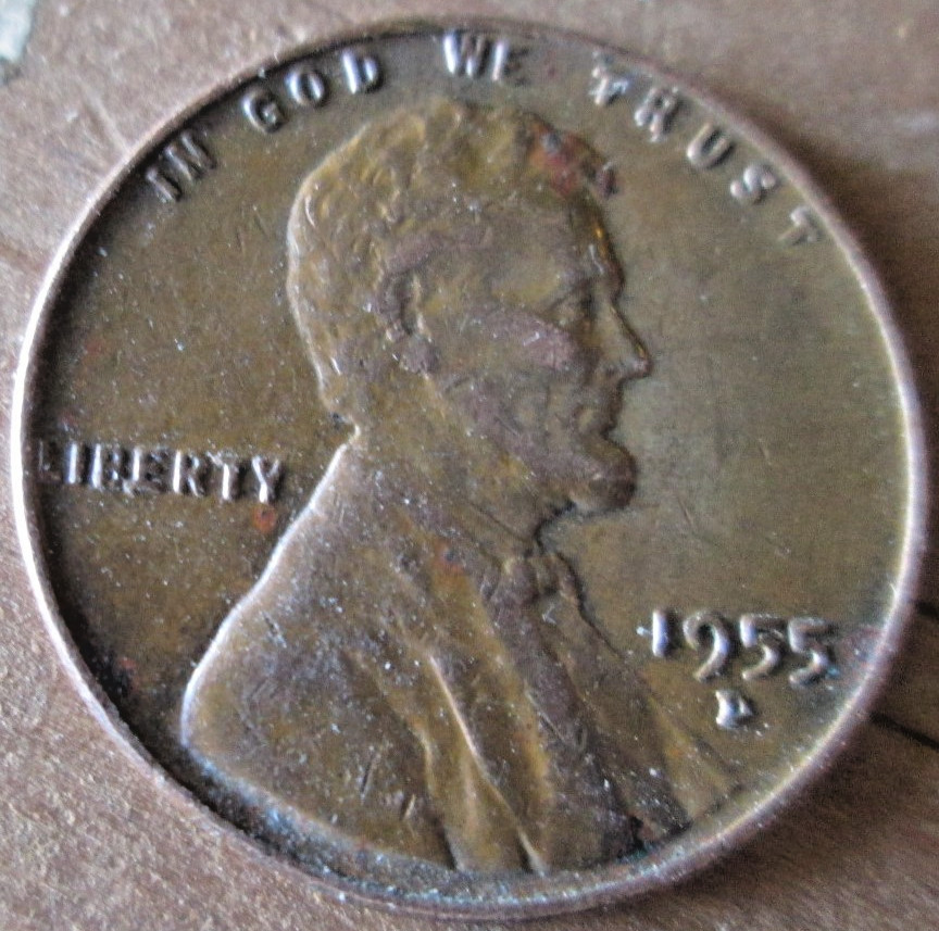 1955-D WHEAT CENT, DIE CHIP (IDB) ERROR AT "B.E", XF/AU, BROWN, CIRCULATED