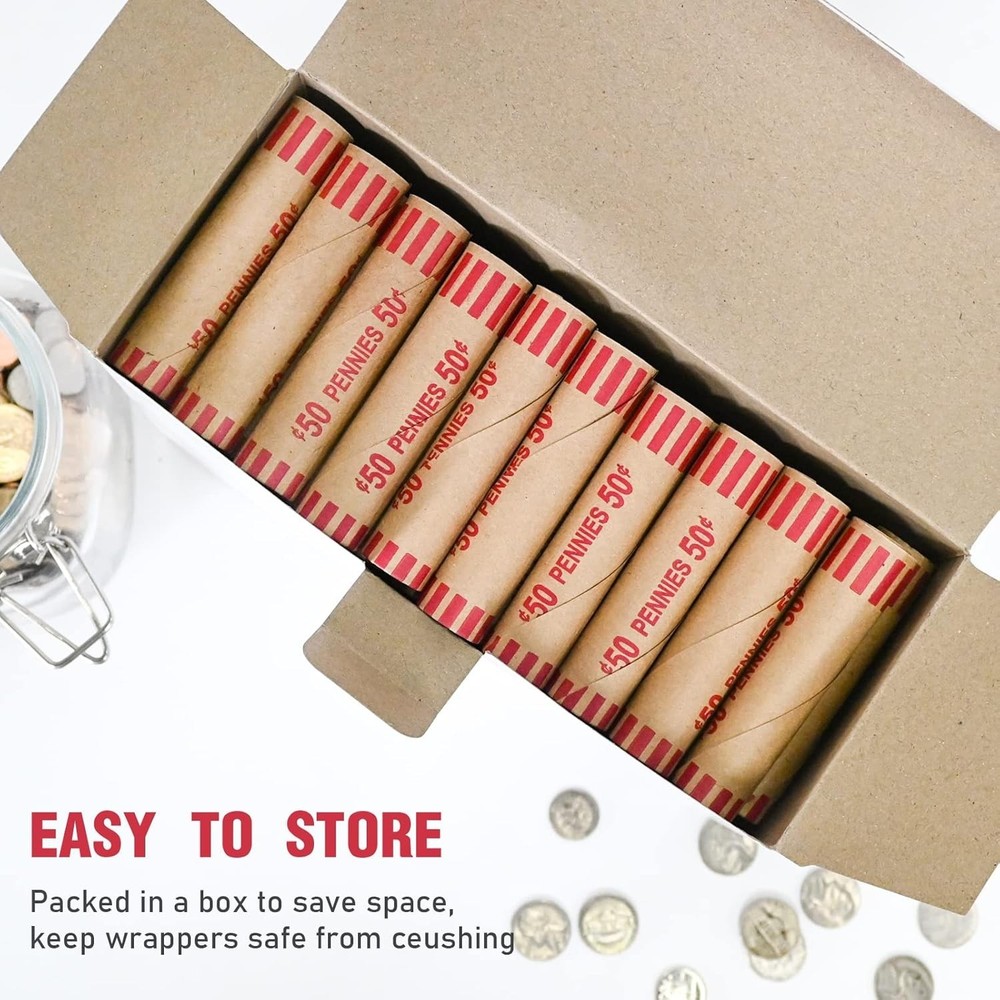 Color-Coded 100 Count Preformed Coin Wrappers for Easy Penny Management