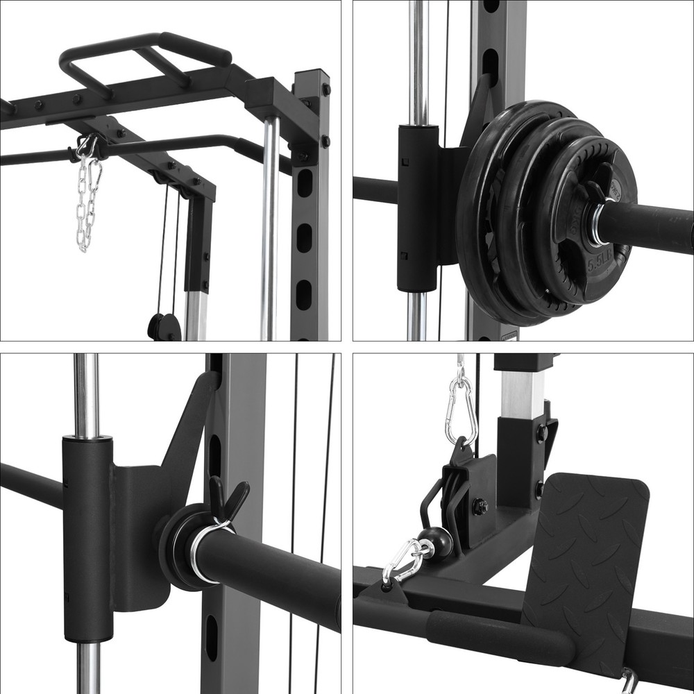 Power Cage Smith Machine Multi-Function Power Rack w/ LAT Pulldown & Barbell Bar