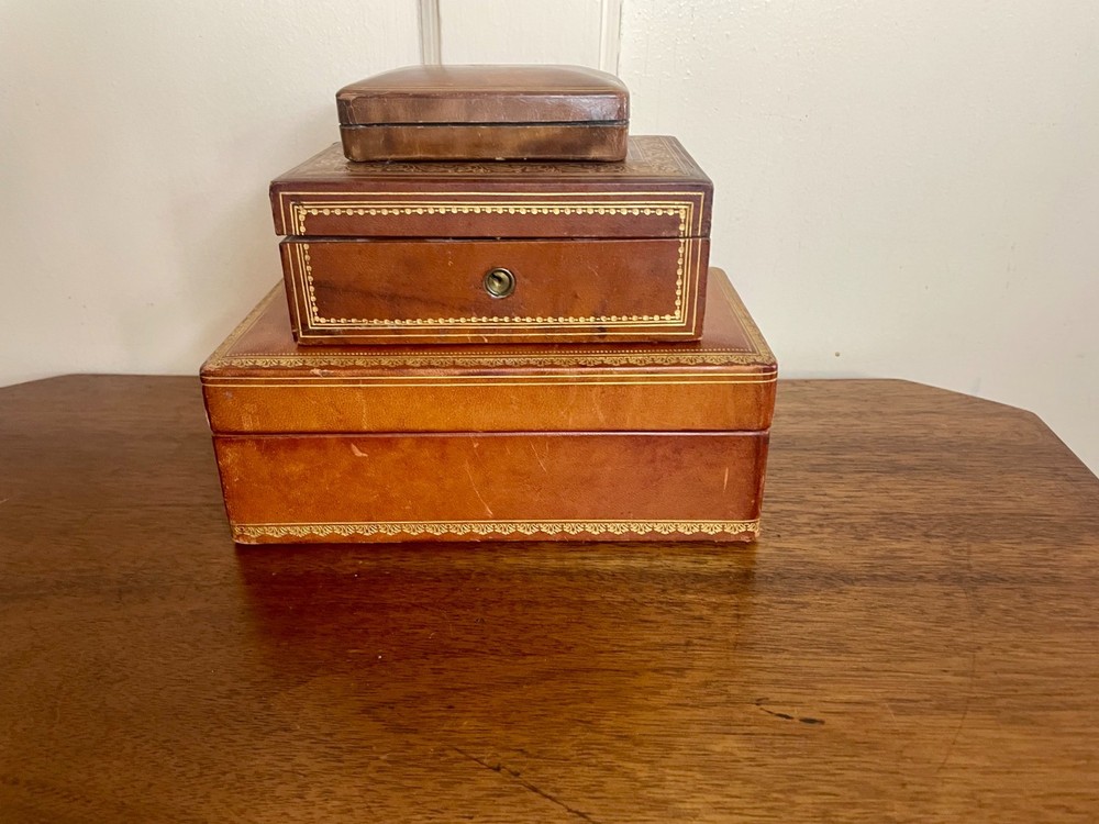 Leather Wrapped Box Early 20th C. w/ Gilded Fleur-de-lis