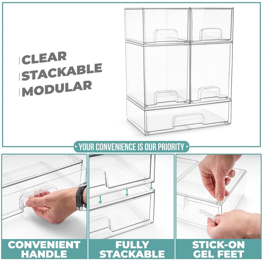 Sorbus Stackable Acrylic Storage Drawers – 2 Small + 2 Tall + 1 Wide ̵