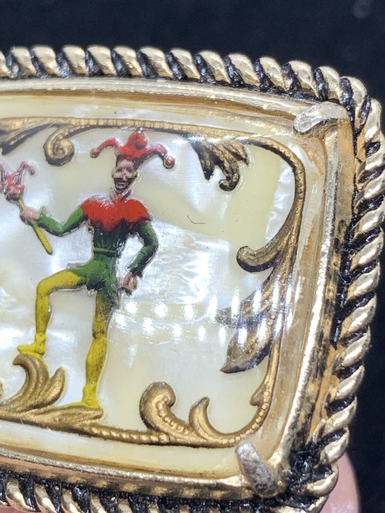 Vintage Rare Tie Clip MOP Clown Rectangle Gold Tone