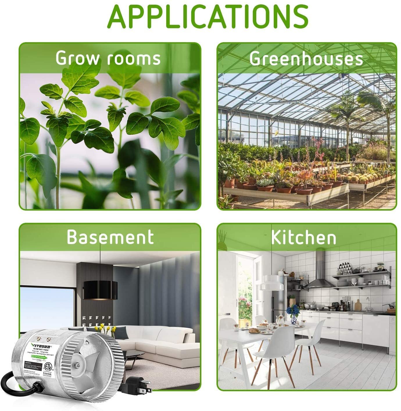 VIVOSUN 4"/6"/8" Inline Fan HVAC Exhaust Blower Ventilation Fan 100/240/420 CFM