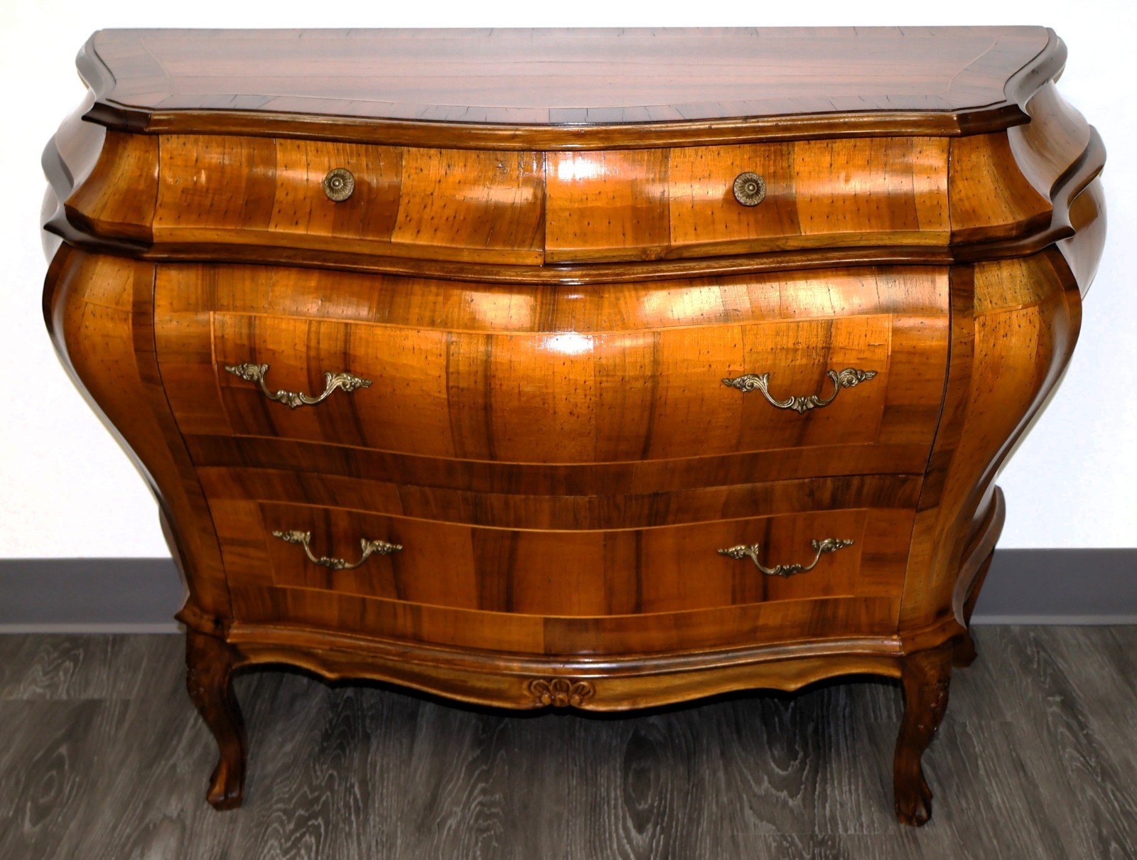 Italian Louis XV Bombe Serpentine Commode Chest Walnut Olivewood Veneer, Italy