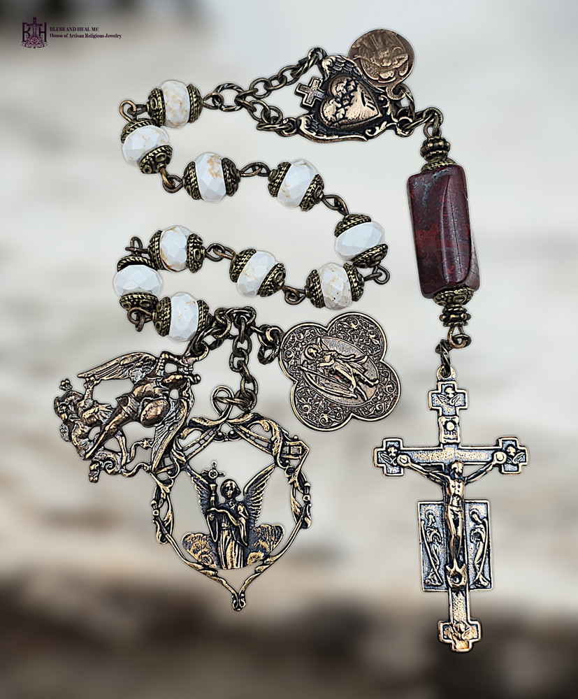 Archangels Michael, Raphael Heirloom Celestial Chaplet - Bronze |White Turquoise