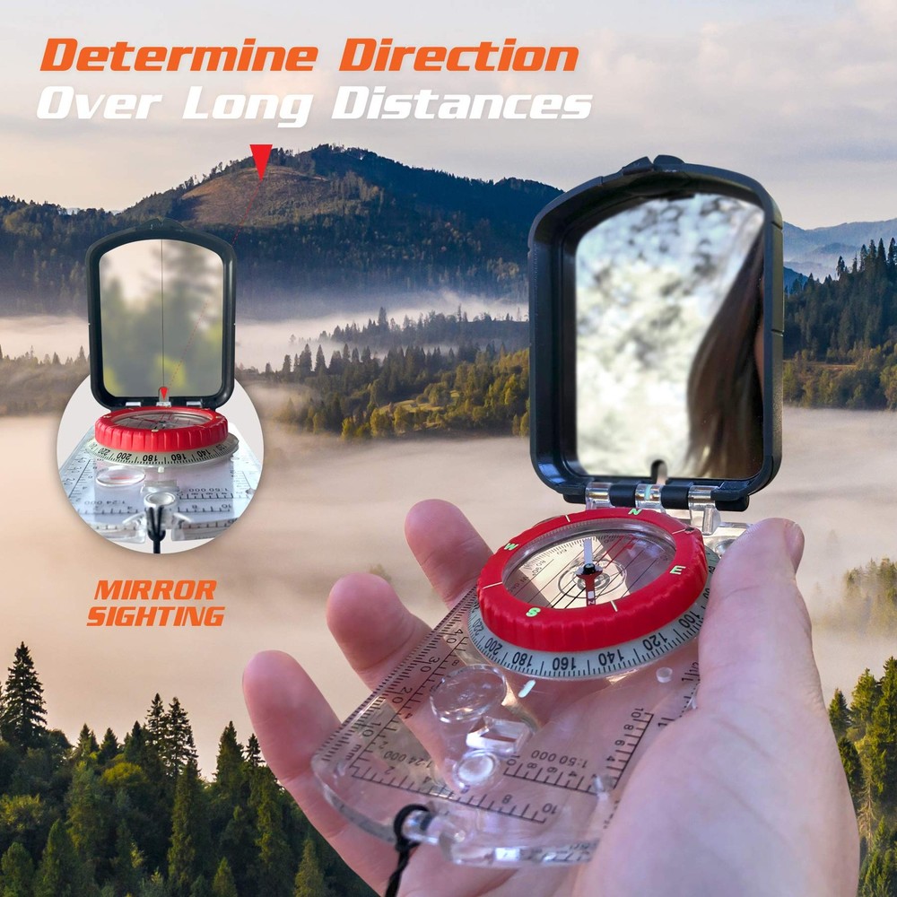 PREPARED4X Hiking Compass Survival – Mirror Sighting Map Orienteering Compass –