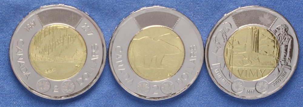 Canada 2017 Toonies - 3 Pack - Classic, 150th Plain , Vimy Ridge - Mint Rolls