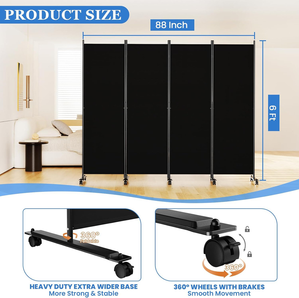 Room Divider 6FT Folding Privacy Screens With Lockable Wheels 4 Panel Room Black
