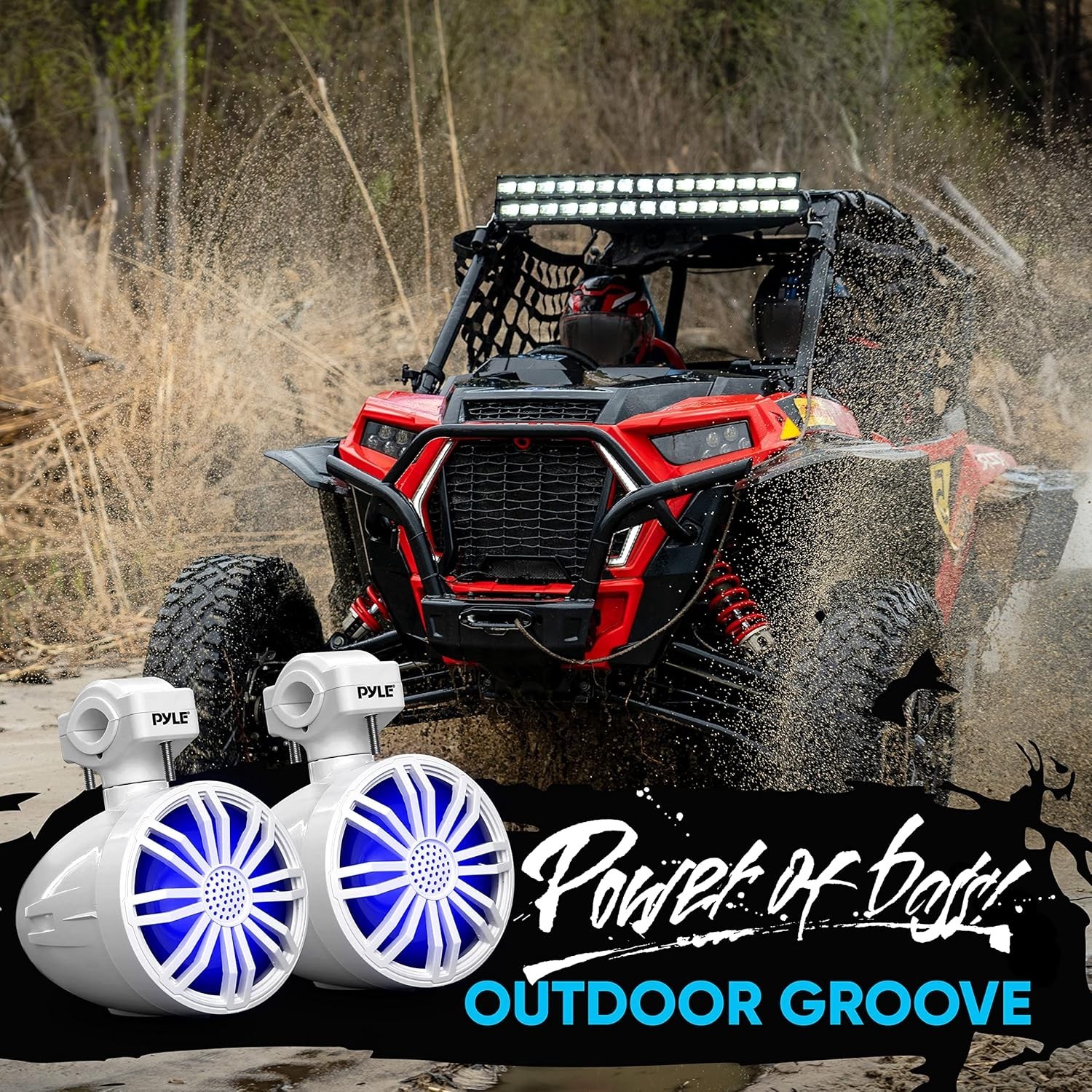 Pyle Bluetooth Waterproof Off-Road Speakers - 3.5” 40W Marine Grade w/RGB Light