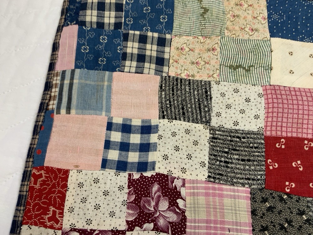 Antique Patchwork Quilt Table Topper, Rectangle, Four Patch, Early Calico Prints