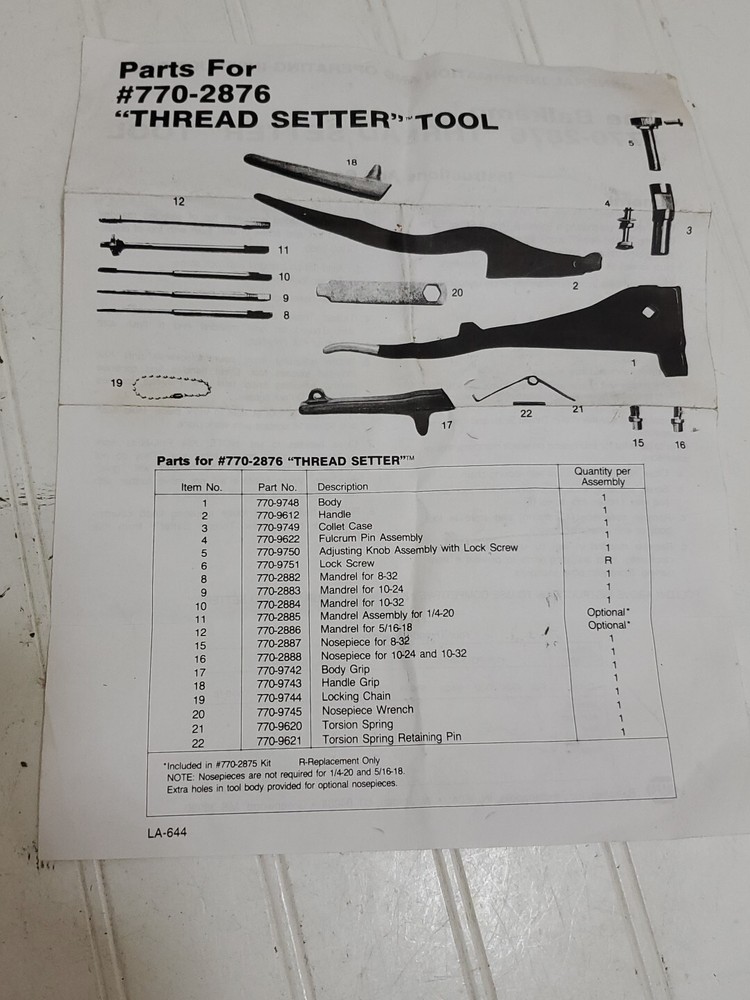MARSON 7702876 Thread Setter Tool NAPA BALKAMP 770-2876 for Klik Poly-Nuts USA