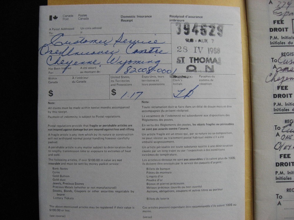 Canada registration receipt book St Thomas ON cancels