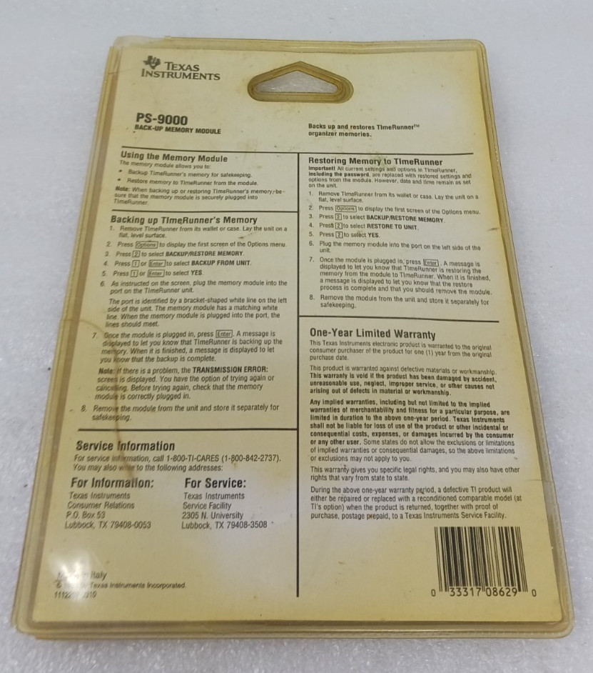 Texas Instruments PS-9000 Back Up Memory Storage For TimeRunner Organizers