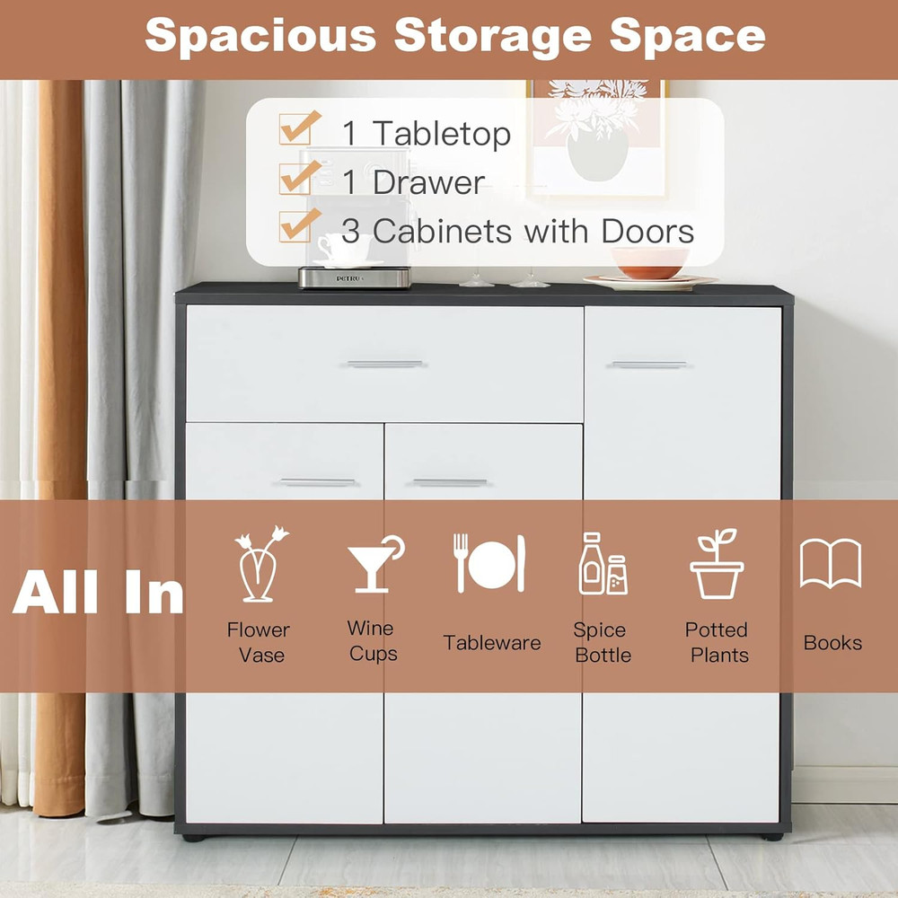 Buffet Sideboard Storage Cabinet, White Kitchen Sideboard with Spacious Table To