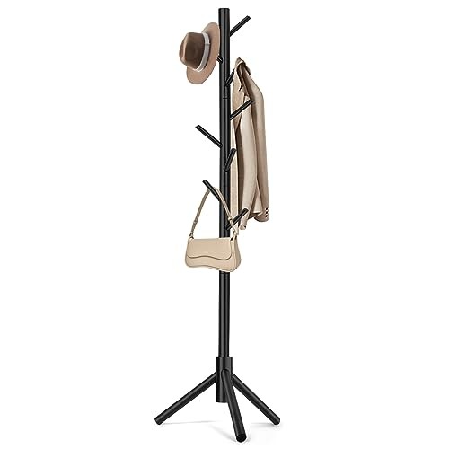 Coat Rack, Freestanding Coat Rack with 8 Hooks and 3 Adjustable Size Tree Black