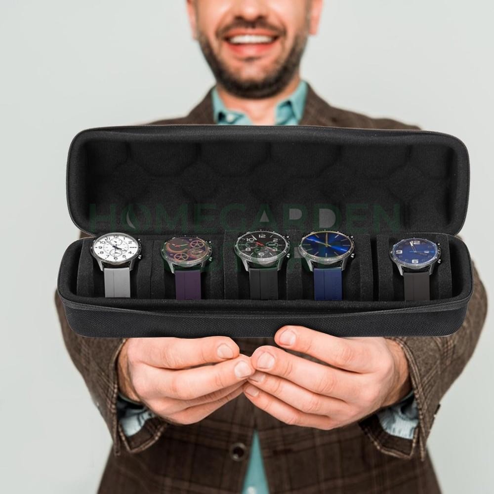 5-Compartment Portable Watch box - With Handle, Flip-Top Lid, and Soft Lining