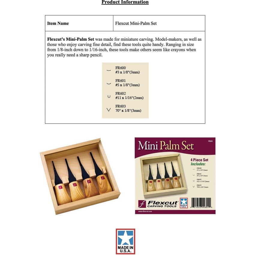 Flexcut Mini-Palm Set, Wood handles, Storage box # FLEXFR604
