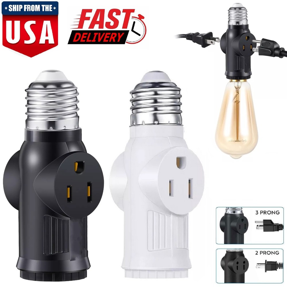 2Pcs E26/E27 Light Socket to Plug Adapter 2/3 Prong Light Bulb Outlet Adapter US