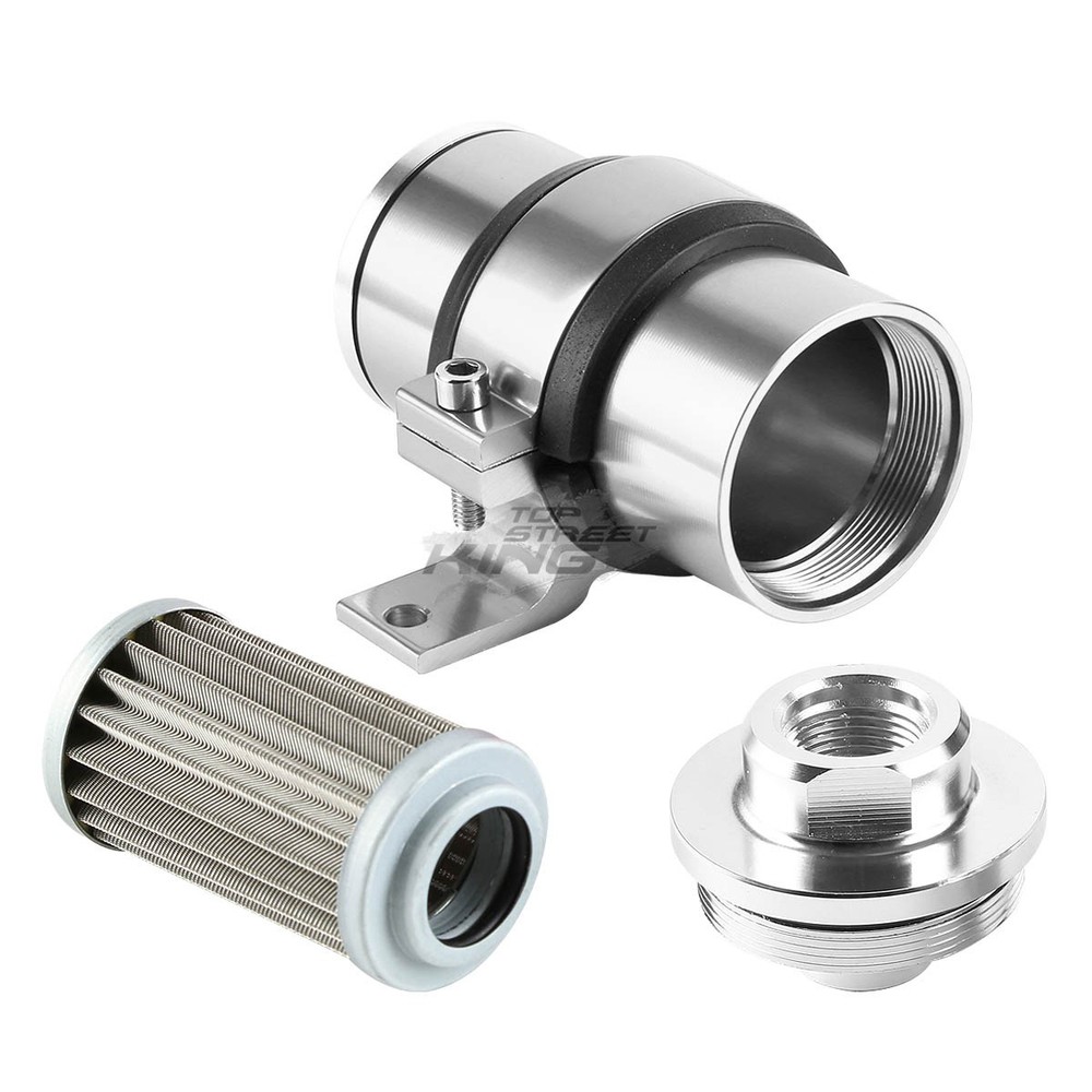 SILVER 30 MICRON BILLET ANODIZED REUSABLE INLINE FUEL/PETROL FILTER+BRACKET KIT