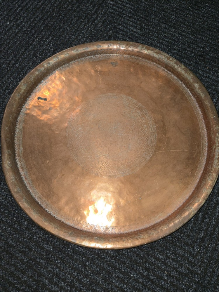 Antique Copper Middle Eastern Etched Serving Tray (18.5")