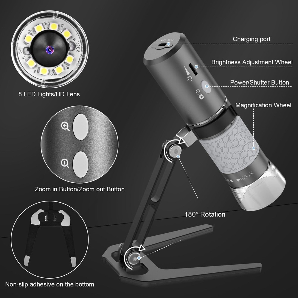 4K WiFi Microscope, Upgraded Stand for iPhone Android PC, 50-1000X USB Digita...