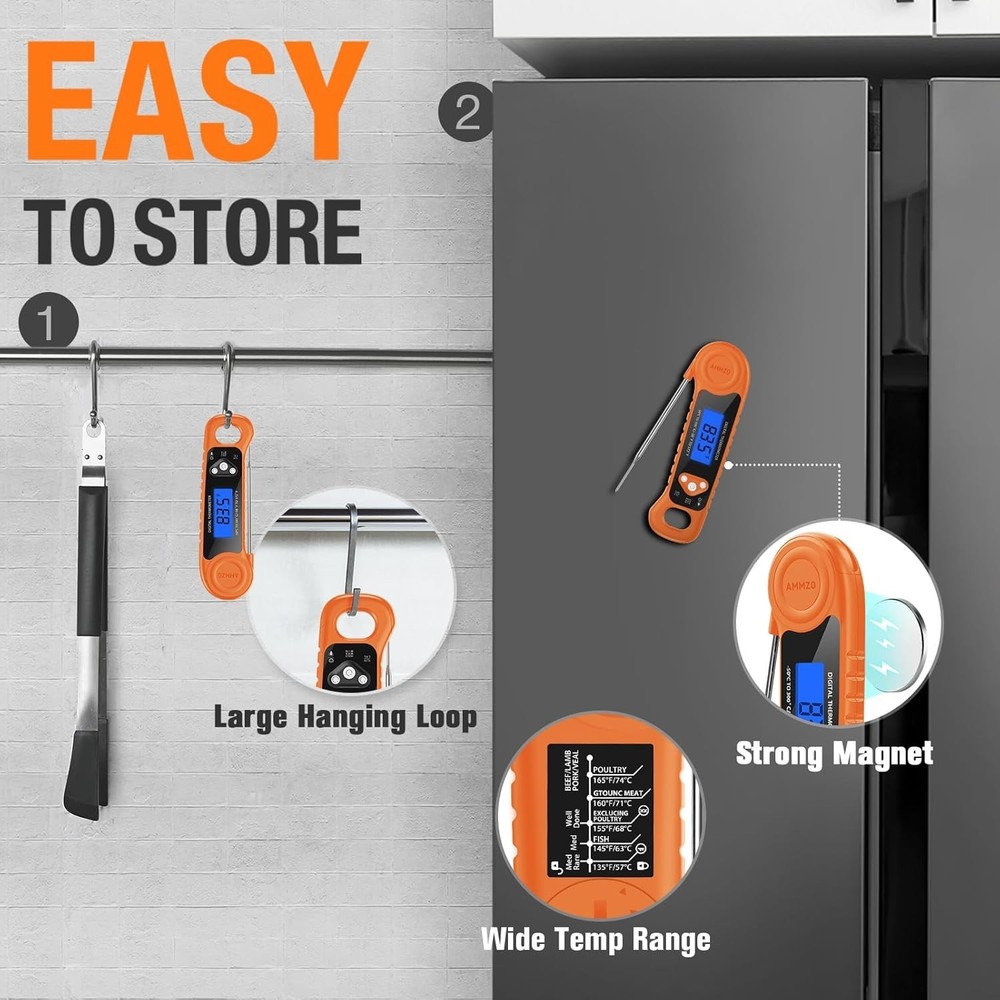 Portable Digital Cooking Thermometer with Backlight & Retractable Probe - Orange