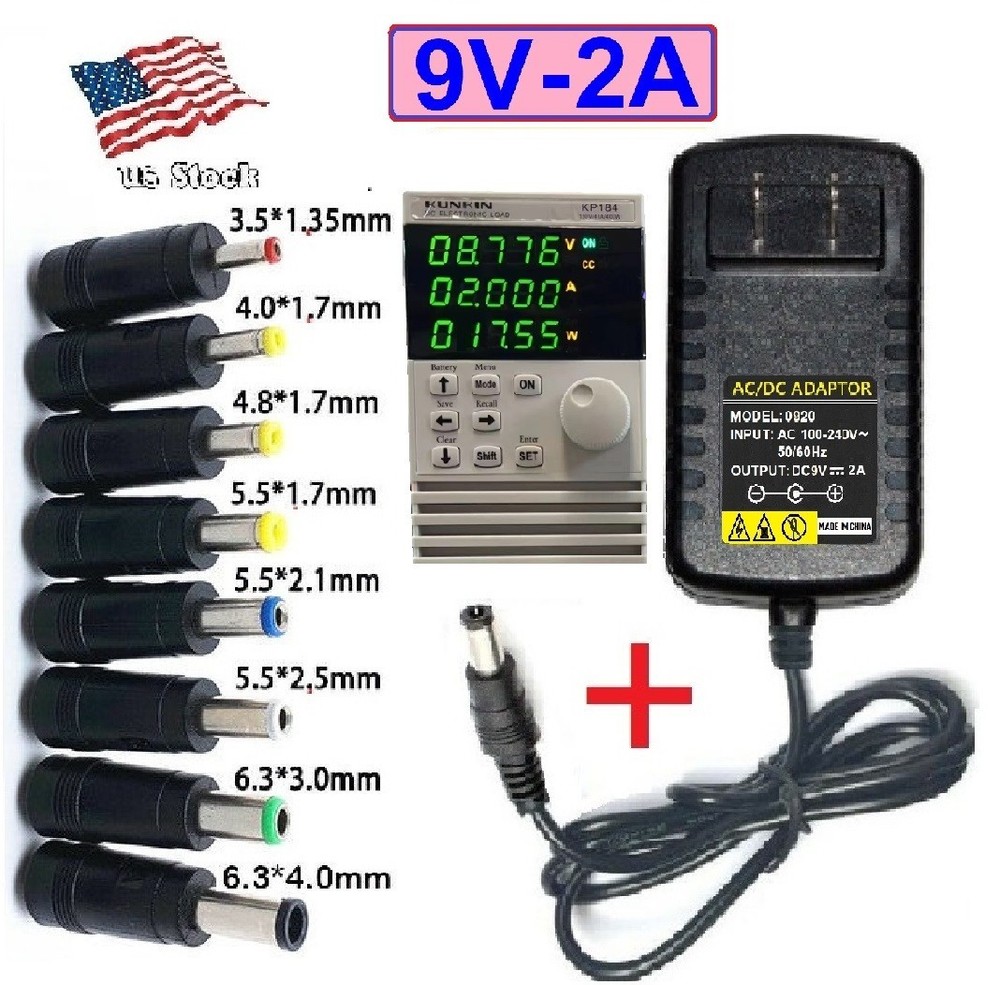 AC/DC 9V 2A Power Supply Adapter Charger with 8 Sizes DC Plug Tips