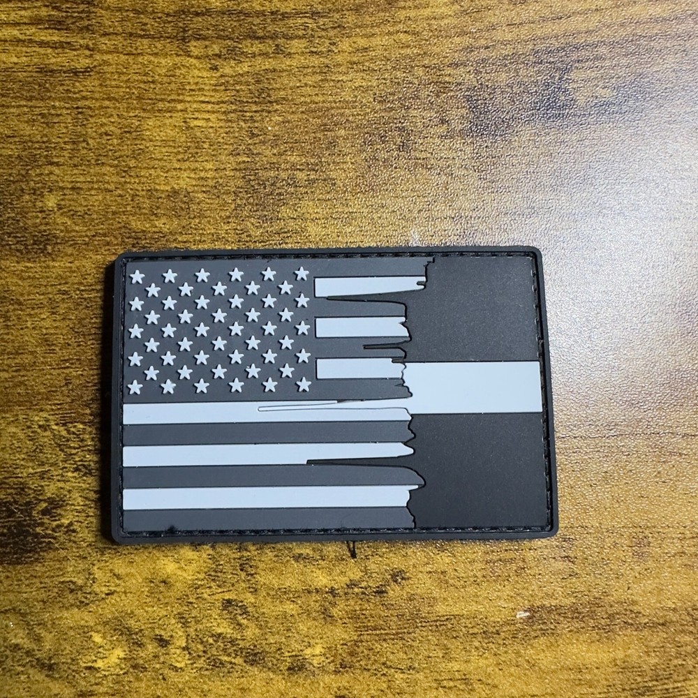 Subdued Tattered American Flag Thin Silver Line PVC Patch, Corrections