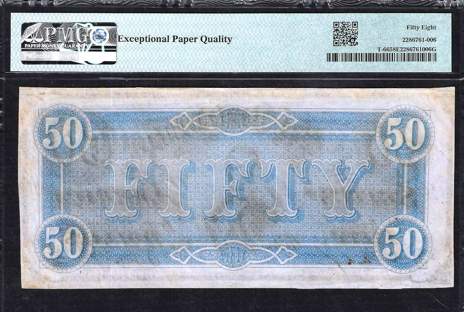 1864 $50 CONFEDERATE ~ T-66 ~ JEFFERSON DAVIS ~ PMG CHOICE ABOUT UNC 58 EPQ