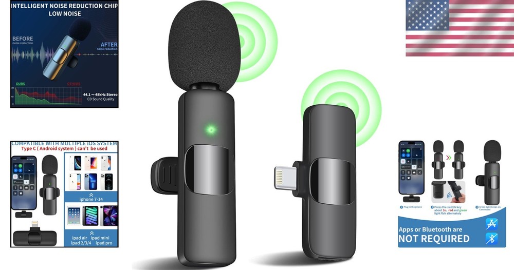 Professional Wireless Clip-on Lavalier Microphone for iOS - Easy Auto Connect