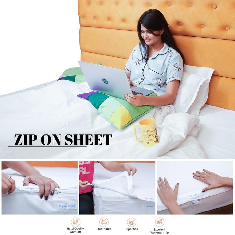 Zip On Fitted Sheet - Includes 1 Fitted Base + 2 Zip Sheet - Easy to Change, ...