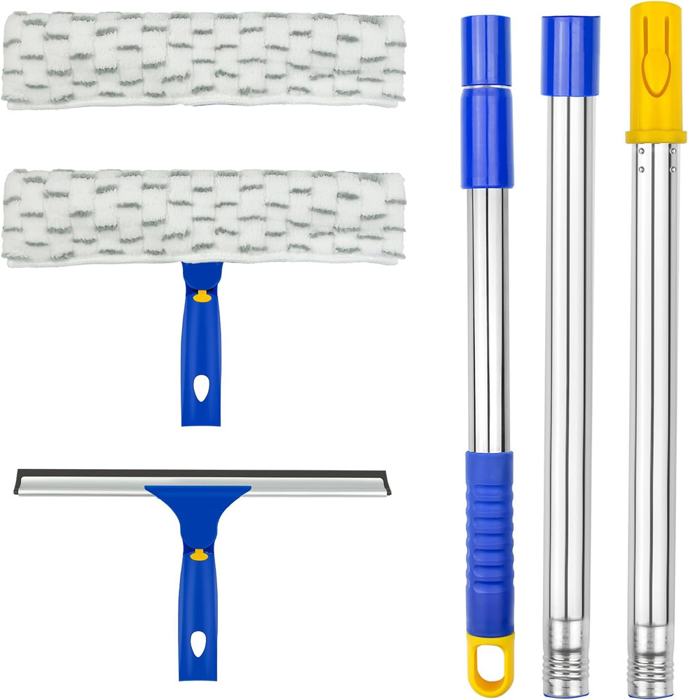 Window Washing Kit with Extension Pole, 10" Squeegee & 11" Microfiber Scrubber C